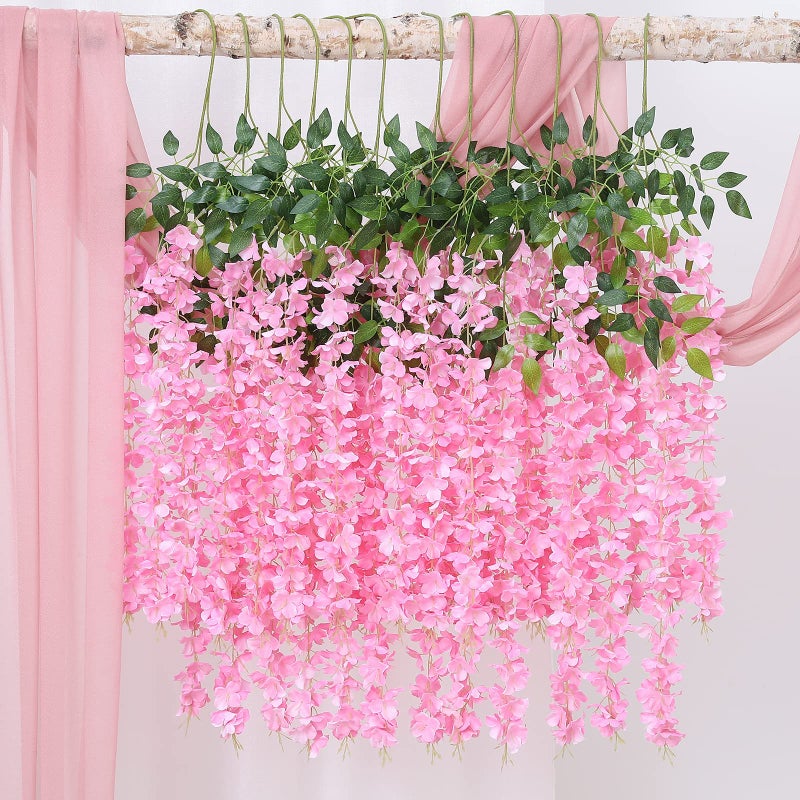 Duovlo 12 Piece Artificial Silk Wisteria Vine 3.6 Feet Ratta Hanging Flower Garland String Home Party Wedding Decor (Light Pink) - Image 5
